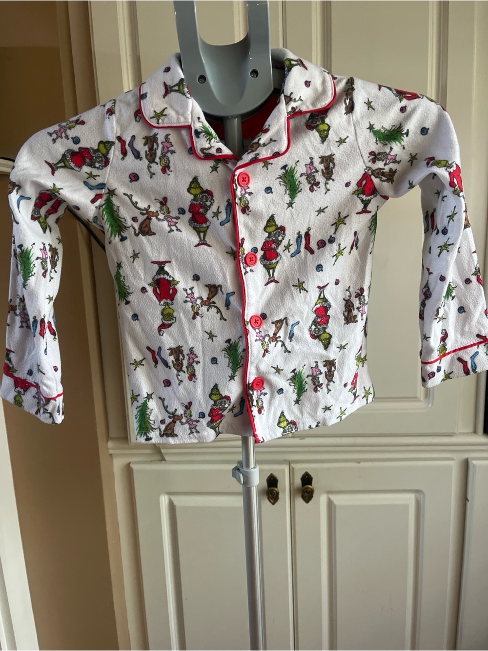 Kids White Holiday Print Pajama Top with Red Trim and Buttons